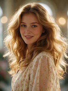 Young woman with long wavy blonde hair and a floral print top