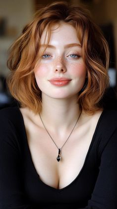 Woman with red hair and freckles wearing a black top with cleavage