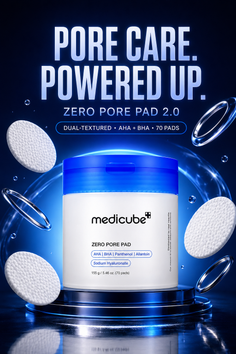 Medicube Zero Pore Pad 2.0 product with glowing blue light and floating pads