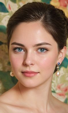 Woman with blue eyes and brown hair wearing pearl earrings