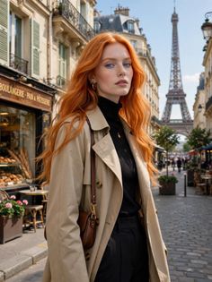 Woman with red hair and a trench coat on a Paris street with the Eiffel Tower