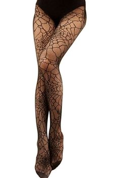 Pair of legs wearing black fishnet stockings with a spider web pattern