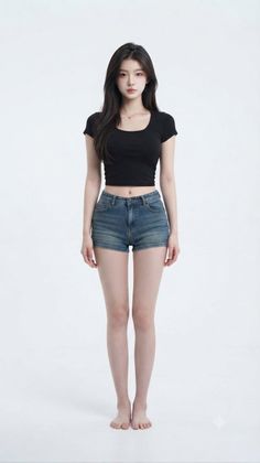 Woman with long black hair wearing a black crop top and denim shorts