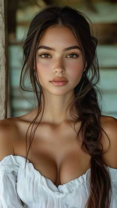 Woman with long braided hair wearing an off-shoulder top with visible cleavage