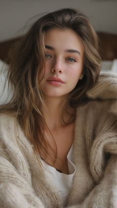 Woman with long brown hair wearing a beige cardigan with soft lighting