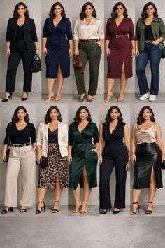 Multiple full body shots of a woman in various business casual outfits