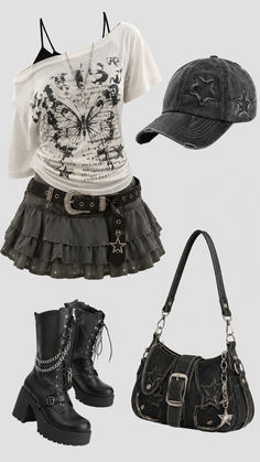 Gothic-style outfit with a ruffled skirt, platform boots, and butterfly print top
