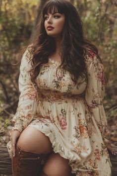 Woman in a floral dress and thigh-high boots sitting outdoors