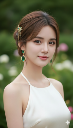 Woman in a white dress with green jewelry and an updo hairstyle outdoors