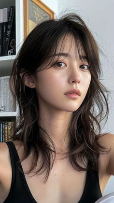 Woman with dark, messy hair and a black tank top indoors