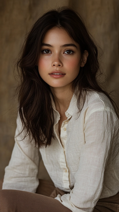 Woman with long dark hair wearing a white shirt, looking directly at the viewer