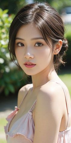 Woman with brown hair in a pink dress outdoors with soft lighting