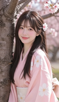 Woman in a pink kimono with cherry blossoms in her hair and background
