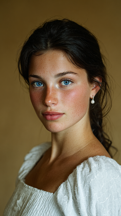 Woman with blue eyes and freckles wearing a white top and pearl earrings