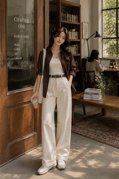 Woman in a brown shirt and white wide-leg pants standing in a coffee shop doorway