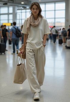 Woman in a beige outfit and scarf walking through an airport