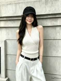Woman in a white halter top and white pants with a black baseball cap