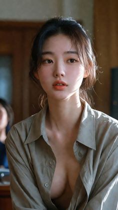 Woman with long hair wearing an unbuttoned collared shirt indoors