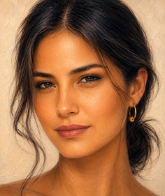 Oil painting of a woman with dark hair and gold hoop earrings