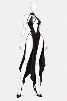 Illustration of a figure in a black dress with high slits and a choker