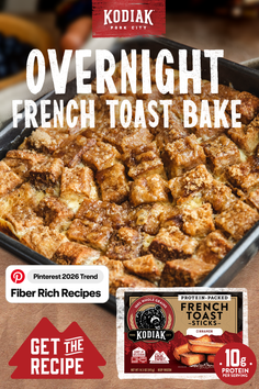 Overnight French toast bake with a cinnamon topping in a baking dish