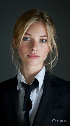 Blonde woman with blue eyes and freckles wearing a white shirt and black tie