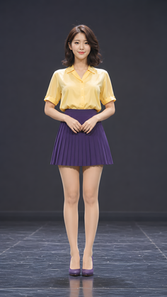 Woman with short hair in a yellow shirt and purple pleated skirt posing in a studio