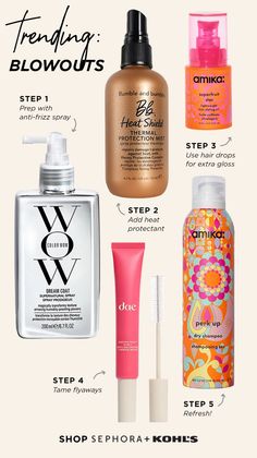 A collection of hair products with steps for achieving a blowout