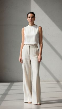 Woman in a white sleeveless top and wide leg pants in an indoor setting