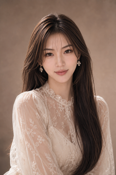Woman with long brown hair wearing a sheer lace top and pearl earrings