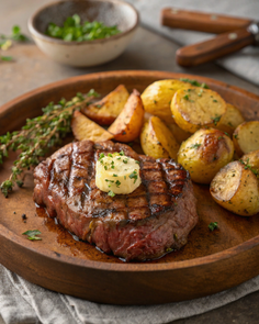 Grilled steak with a pat of butter, roasted potatoes, and fresh thyme on a wooden plate