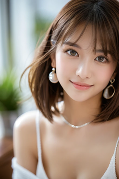 Woman with short brown hair wearing earrings and a necklace