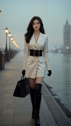 Woman in a white blazer dress and thigh-high boots walking along a river in a city