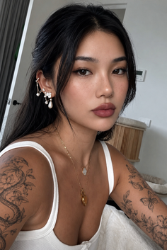 Woman with long dark hair, shoulder tattoos, and layered necklaces in a white tank top