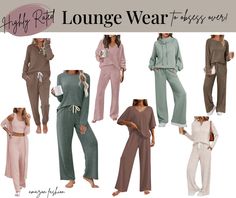 Multiple women modeling various styles of lounge wear sets in solid colors