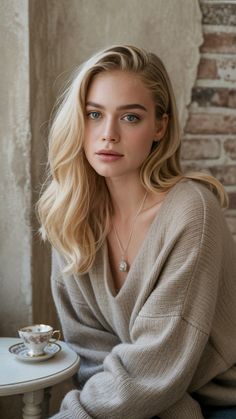 Blonde woman with blue eyes wearing a sweater and necklace, sitting indoors