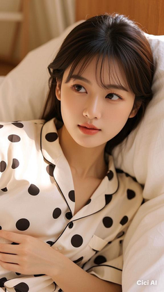 Woman with long dark hair wearing polka dot pajamas in a bedroom