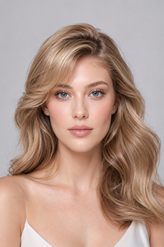 Woman with blonde wavy hair and blue eyes in a white top
