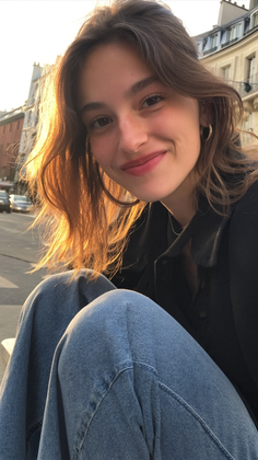 Young woman with long hair smiling outdoors during golden hour