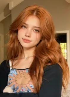 Young woman with long red hair and a necklace, smiling softly indoors
