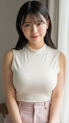 Woman with long black hair wearing a white sleeveless top and pink pants indoors