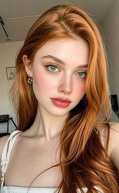Woman with long red hair and green eyes looking directly at the viewer