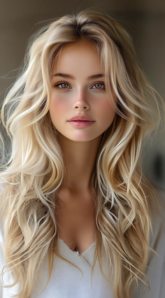 Blonde woman with long wavy hair and green eyes in a soft portrait