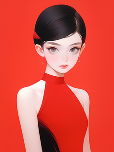 Illustration of a woman with an updo wearing a red dress against a red background