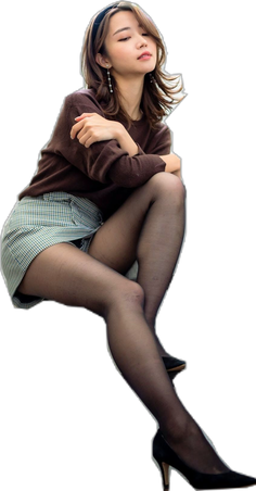 Woman in a brown sweater and plaid skirt with black pantyhose and high heels