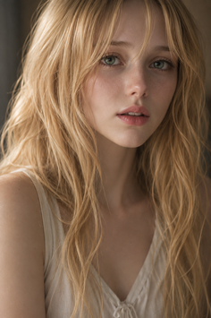 Young woman with long blonde hair and green eyes in a soft lighting portrait