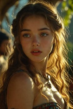 Woman with long curly hair and jewelry in soft golden hour lighting