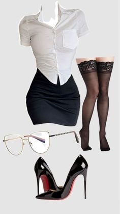 Flat lay of a white shirt, black skirt, stockings, high heels, and glasses