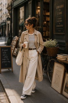 Woman in a trench coat and sunglasses walking past a bookstore on a sunny day