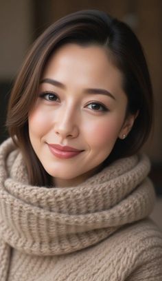 Woman with long brown hair wearing a knitted scarf and earrings